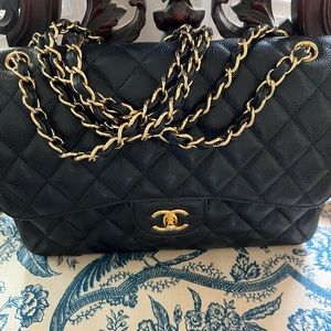 Chanel Caviar Black Jumbo Double Flap Classic, Gold Hardware, DustBag & Receipt-